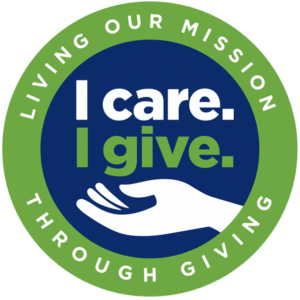 I care. I give. circle logo with hand - "Living Our Mission Through Giving"