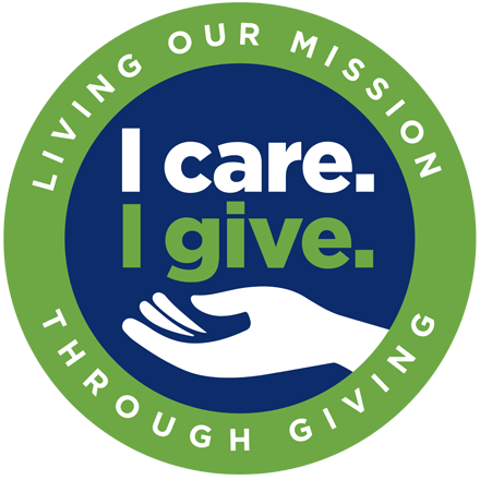 I care. I give. circle logo with hand - "Living Our Mission Through Giving"