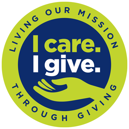I care. I give. circle logo with hand - "Living Our Mission Through Giving"
